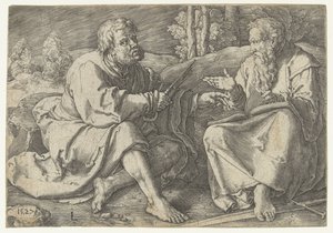 Paulus en Petrus zittend in een landschap door Lucas van Leyden