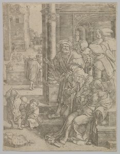 Dichter Vergilius opgehangen in een mand door Lucas van Leyden