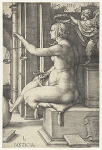 Rechtvaardigheid Iusticia (titel op object) Zeven Deugden (serietitel) door Lucas van Leyden