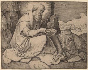 Sint Hiëronymus in een landschap door Lucas van Leyden