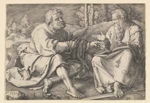 St. Petrus en Paulus zittend in een landschap door Lucas van Leyden
