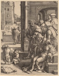 De dichter Virgil opgehangen in een mand door Lucas van Leyden