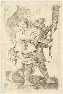 Twee jongens met een helm en standaard door Lucas van Leyden