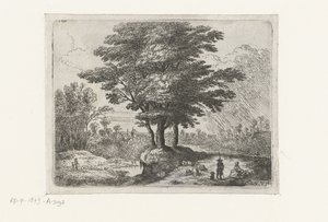 Drie bomen, een herder met schapen en een hond door Lucas van Uden