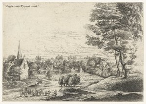 Gezicht op een dorp met een huifkar