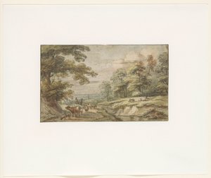 Heuvelachtig landschap met kudde schapen en koe