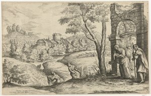 Landschap met de heilige familie en twee vroedvrouwen door Lucas van Uden