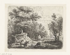 Landschap met drie koeien en een vrouw