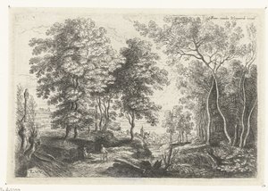 Landschap met een beek door een bos door Lucas van Uden