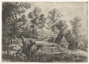 Landschap met een huis en een waterput door Lucas van Uden