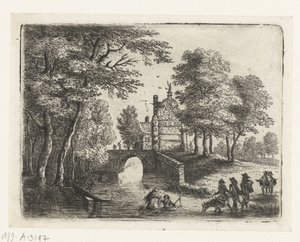 Landschap met een rivier, een brug en ruiters Kleine landschappen (serie) door Lucas van Uden