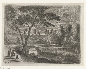 Landschap met een ruïne van een brug door Lucas van Uden