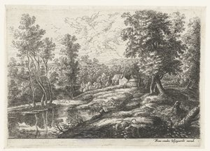 Landschap met huizen en een kerk omringd door een muur door Lucas van Uden