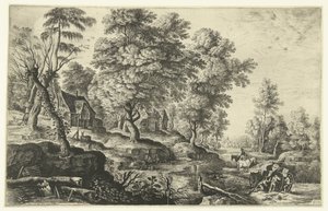 Landschap met mannen die uitgespannen wagen duwen