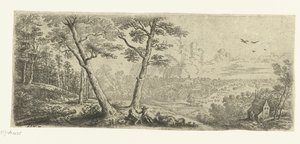 Landschap met twee converserende mannen Brede landschappen (serie titel)
