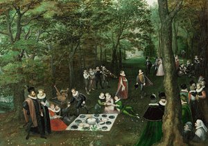 Lente. De picknick ... (olieverf op doek) door Lucas van Valckenborch