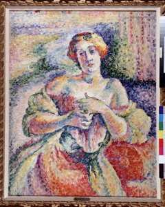 Vrouw in roze en blauw