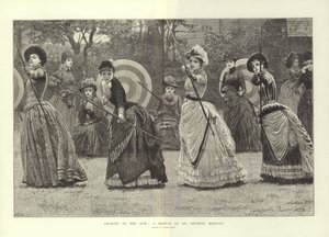 Amazones van de boog: een schets van een bijeenkomst boogschieten (gravure)
