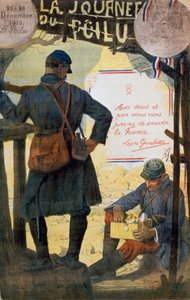 Twee Franse soldaten doorzoeken zorgpakketten van thuis.