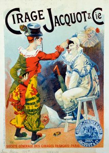 Reclame voor Jacquot poetsmiddel. Twee clowns maken zich op met poetsmiddel. Tekening door Lucien Lefevre (1850-?). 1894 Parijs. Arts Decoratifs - Advertentie voor was Jacquot: Twee clowns maken zich op met schoenpoets, door Lucien Lefevre door Lucien Lefevre