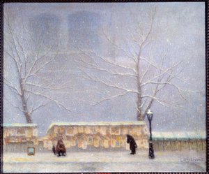 Notre Dame gezien vanaf de linkeroever in sneeuwachtig weer door Lucien Levy Dhurmer