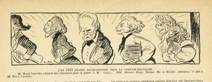 Illustratie in Le Rire, 04/01/13 - het jaar 1913... - Theater, Comédie française - Hugo Victor, Dumas Alexandre (fils), Lavedan Henri (1859-1940), Guitry Sacha, Musset Alfred, Molière door Lucien Metivet