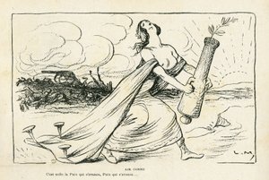 Illustratie in Le Rire, 03/05/13 - Vertrouwde Lucht - Balkan, Geweren, Granaten, Vrede, Eerste Wereldoorlog (gravure) door Lucien Metivet