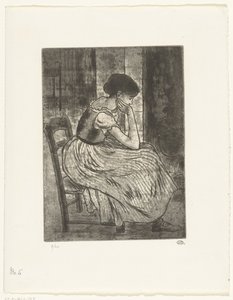 Jonge vrouw zittend bij een haardvuur door Lucien Pissarro