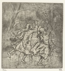 Twee meisjes aan het vlinders vangen door Lucien Pissarro