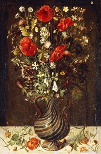 Klaprozen, Boterbloemen, Madeliefjes, Korenbloemen, Distels en andere Wilde Bloemen in een facon de Venise filigrana Glazen Vaas, met Viooltjes, een Klaproos en een Dovenetel op een Stenen Rand door Ludger Tom the Younger Ring