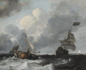 Een storm aan de kust met Man o War en vissersboten door Ludolf Backhuysen