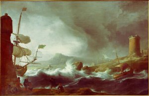 Stormachtige zee aan bergachtige kust door Ludolf Backhuysen