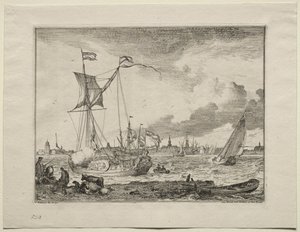 Zicht op Amsterdam met schepen op de voorgrond door Ludolf Backhuysen
