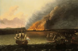 Zeegezicht met een brand in de verte, 1667