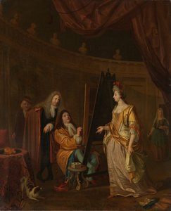 Een kunstenaar in zijn atelier, schildert het portret van een dame