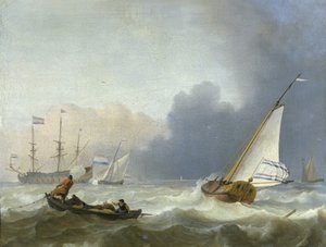 Ruwe zee met een Nederlands jacht door Ludolf Bakhuysen