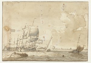 Schepen op het water voor een stad door Ludolf Bakhuysen
