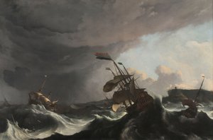 Oorlogsschepen in een zware storm door Ludolf Bakhuysen