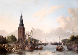 Een man van rang die in Amsterdam aan boord gaat door Ludolf I Backhuysen
