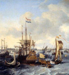 Uitzicht op de haven van Amsterdam vanaf het IJ (detail). Schilderij door Ludolf Backhuyzen (1631-1708) 1666 Sun. 1,28x2,21 m door Ludolf I Backhuysen