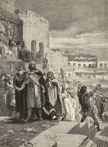 Huwelijk van Ugo en Marozia, huwelijksstoet in aanwezigheid van de paus, gravure door E Mancastroppa naar een schilderij van Lodovico Pogliaghi, uit L