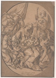 De Heilige Familie met de jonge St. Johannes, in een ovaal, c.1623 door Ludwig Businck