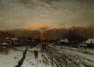 Winterlandschap met zonsondergang