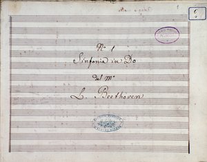 Eerste pagina van de bladmuziek voor Symfonie nr. 1 in C majeur opus 21, door Ludwig van Beethoven door Ludwig van Beethoven