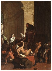Noord Transept, Altaar van San Rocco 1635, 45, Genovesino 1645, Distributie van goederen aan de armen, Geschilderd linksonder