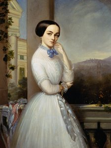Portret van vrouw in witte jurk op balkon door Luigi Basiletti
