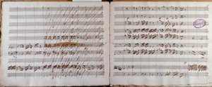 Dubbele pagina, ondertekend door de auteur van de partituur voor het Concerto voor cello en orkest in Es groot door Luigi Boccherini door Luigi Boccherini