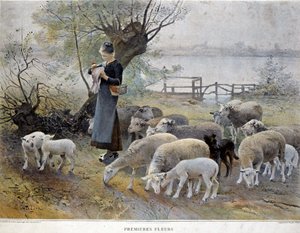 Eerste bloemen: Een herderin omringd door haar schapen steekt bloemen in haar hoed door Luigi Chialiva