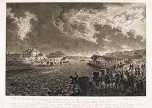 Zicht op de Pila-brug in Genua, na de overstroming van de Bisagno-stroom op 26/10/1822 (ets, ca. 1822) door Luigi Garibbo