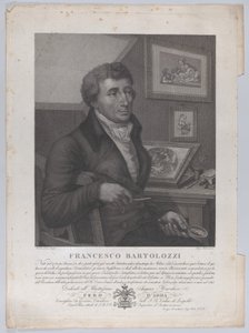 Portret van Francesco Bartolozzi, zittend, met een vergrootglas en graveergereedschap, 1827